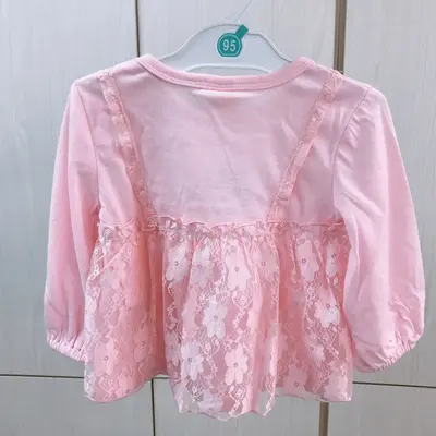 25 Spring Style Girls' Cute and Sweet Round Neck Ready-Made Solid Color Lace Insert Autumn Children's Clothing Long Sleeve T-Shirt