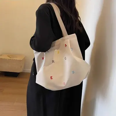 Women's Canvas Tote Bag, Embroidered Letters, Large Capacity, 2025 - 5