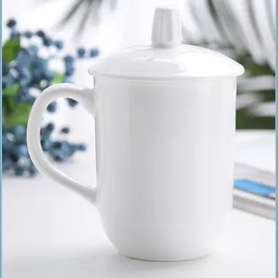 Pure White Ceramic Mug with Lid, Office and Hotel Cup - 7