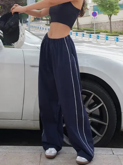 Long Casual Pants with Side Drawstrings, Elastic Waist, 2025 Summer