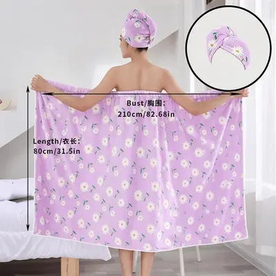 Sınır Ötesi Baskılı Bandeau Elbisesi Banyo Şapkası Kadın Ev Kullanımı Yazlık Banyo Havlusu Yumuşak Banyo Robası Su Emici Saç Kurutma Şapkası İki Parçalı Set - 7