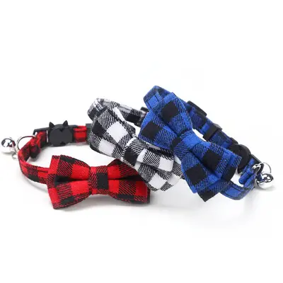 British plaid bow-tie pet collar with bell and patch - 5