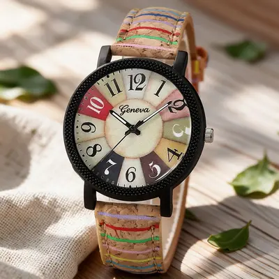 Women's watch, wooden grain leather strap, digital display - 9