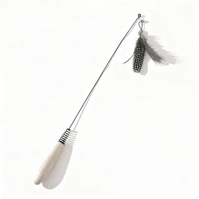 Cat Teaser Wand with Steel Wire Feathers and Long Solid Wood Handle - 6