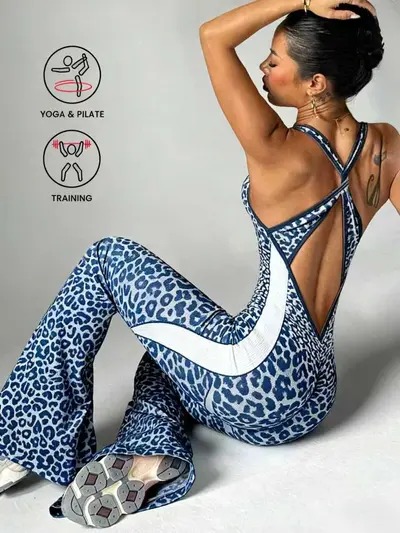 Leopard Print Cross Back Flared One-Piece Yoga Jumpsuit for Women - 13