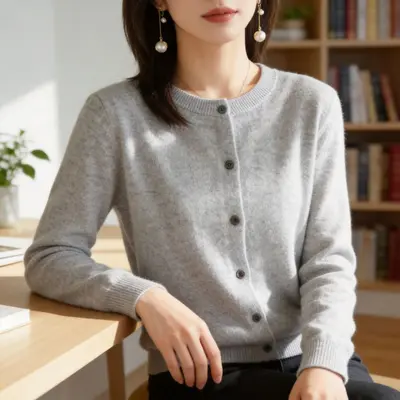 Women's OL Style Elegant Long-Sleeve Round Neck Straight-Cut Knit Cardigan Sweater