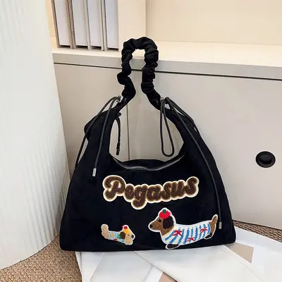 Suede Dachshund Appliqué Retro Preppy Single-Shoulder Bag for Women - 6