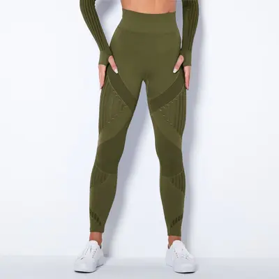 Dikişsiz örme çizgili yoga pantolonu kadın, nem emici spor taytı - 12