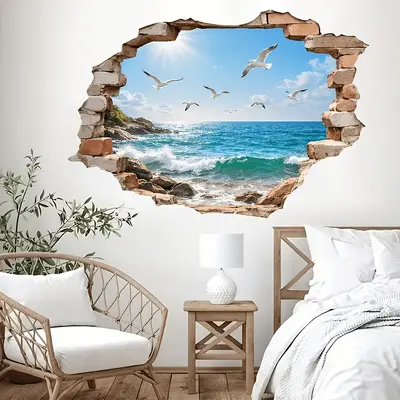 Ocean Wall Sticker with Seagull Design, Realistic Brick Mural for Bedroom and Living Room