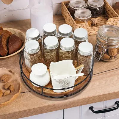 Wooden Lazy Susan Storage Rack Steel Assorted Items Organizer Tabletop Rotating Tray Spice Bottle Jar Cosmetic Turntable