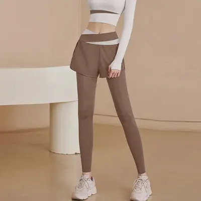 Yüksek Bel Sahte İki Parça Yoga Tayt, Transparan Olmayan, Kalça Kaldırıcı - 11