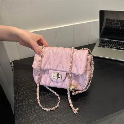 Women's Small Square Bag with Chain Clasp, Diamond-Quilted Stitching - 3