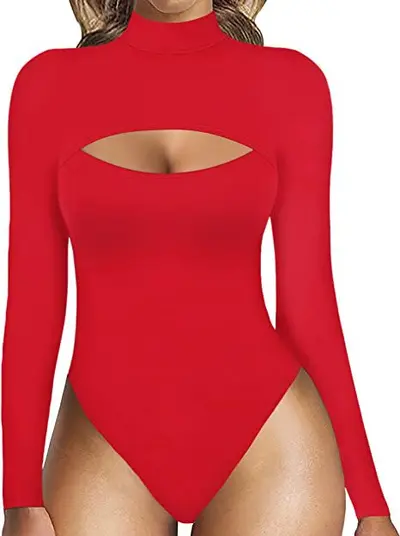 Women's Sexy High Neck Front Cut-Out Thin Long Sleeve Jumpsuit - 9