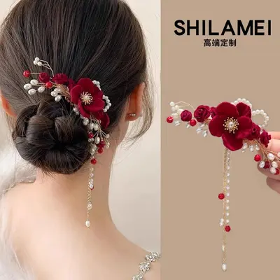 Rote Blumen-Quasten-Haarspange im chinesischen Stil - 11