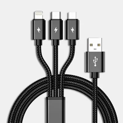 Kalın örgülü bir ila üç veri kablosu üçü bir arada USB hızlı şarj, iPhone Android Type-C şarj kablosuna uygun