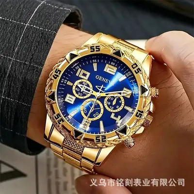 temu爆款男士石英手表时尚钢带腕表厚玻璃下三眼手表源头厂家批发