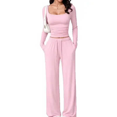 Damen Freizeitset mit eckigem Ausschnitt, Bluse und Hose