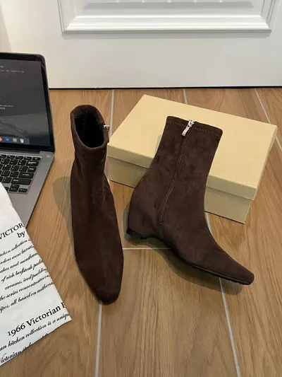 Women's Suede Ankle Boots, Hidden Heel, Square Toe, Stretch Slim Fit - 11