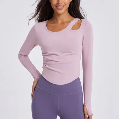Damen-Yogatop mit schrägen Schultern, Ausschnitten und Raffung für Pilates - 7