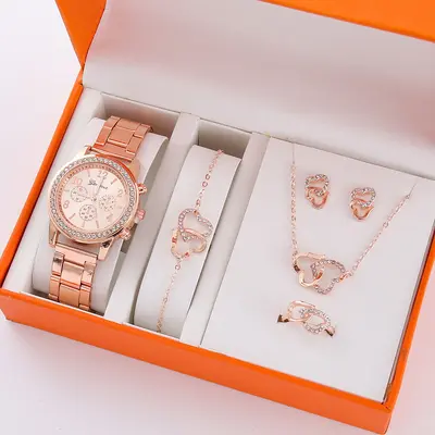 5-teiliges Damenuhr-Set mit Stahlarmband, Fake-Dreiziffernblatt-Design, alltägliches koreanisches Quarz-Uhr-Set mit Armband.
