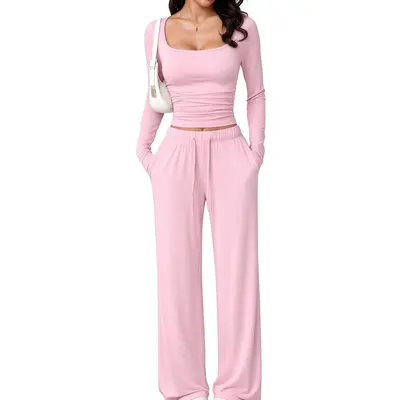 Damen Freizeitset mit eckigem Ausschnitt, Bluse und Hose