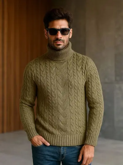 Herren-Rollkragenpullover im Zopfmuster, große Größen, einfarbig, Wolle