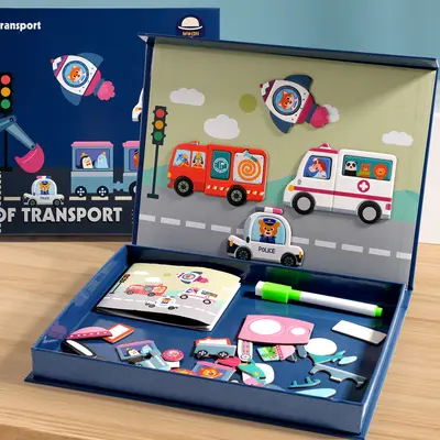 Magnetaufkleber-Puzzle für Kinder, Cartoon-Szenen, Geschenkbox