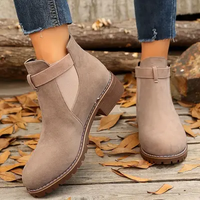 Women's Suede Martin Boots, Chunky Heel, Buckle Strap, Plus Size - 9