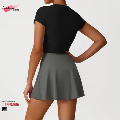 Casual Sports Slim-Fit Set for Women, Round Neck Short-Sleeve Top, Yoga Wear, Versatile Pants and Skirt, Tennis Training Casual Set