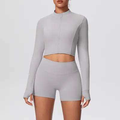 Solid Color Two-Piece Short Jacket Set, Tight-Fit Yoga and Running Wear - 13