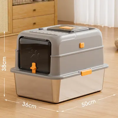Stainless Steel Enclosed Cat Litter Box, Extra Large, Removable - 13