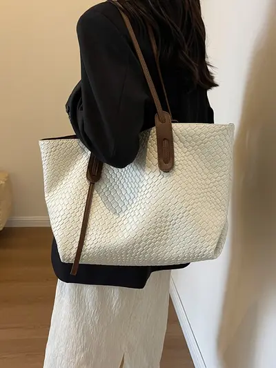 Kadın Örgü Tek Omuz Çanta, Büyük Hacimli Retro Tote Çanta - 5