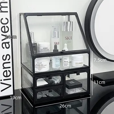 Schminktisch-Kosmetikorganizer mit Glaspaneel, groß und staubdicht - 7