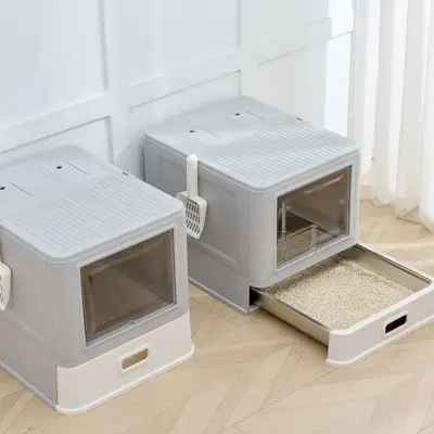 Büyük Paslanmaz Çelik Kedi Tuvaleti Katlanabilir Kapalı ve Açık Model