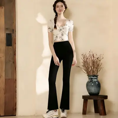 Yoga seti, yaz, T-shirt, yüksek bel, flare pantolon - 13