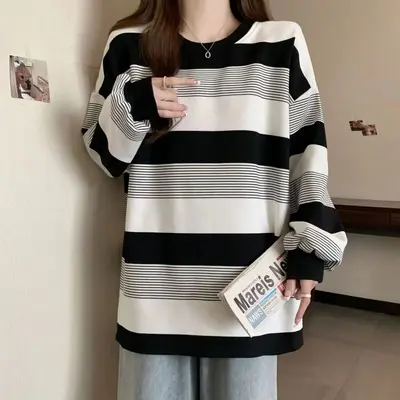 Kadınlar için Amerikan retro büyük beden çizgili sweatshirt, ilkbahar ve sonbahar ince bol BF tarzı rahat tarz uzun kollu tişört üst. - 7