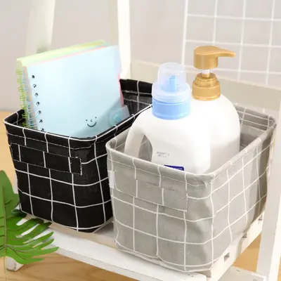 Printed Cotton-Linen Fabric Storage Basket with Handle - 4