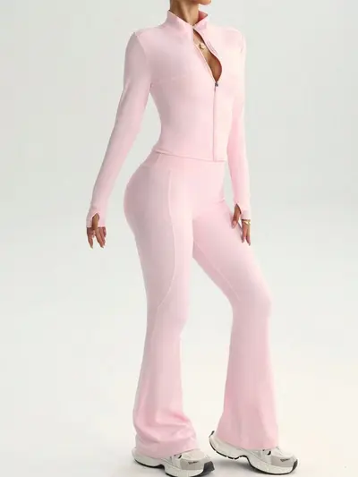 Zipper Long-Sleeve Jacket and Flare Pants Yoga Set, Nude-Feel Fitness Wear - 5