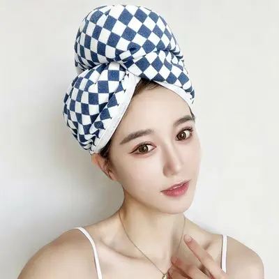 Checkered Absorbent Quick-Dry Women's Hair Cap, Thickened Hair Towel Wrap - 7