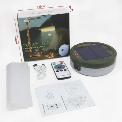 Güneş enerjili açık hava kamp lambası, mezura, çok fonksiyonlu LED ışık dizisi, çadır acil durum kamp atmosferi küçük renkli ışıklar.