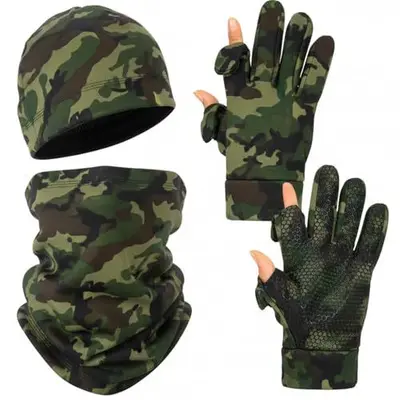 Amazon Cross-Border Fleece-Lined Camouflage Gloves Outdoor Autumn Winter Warm Hat Cold-Proof Neck Gaiter Cycling Gloves Tactical Supplies