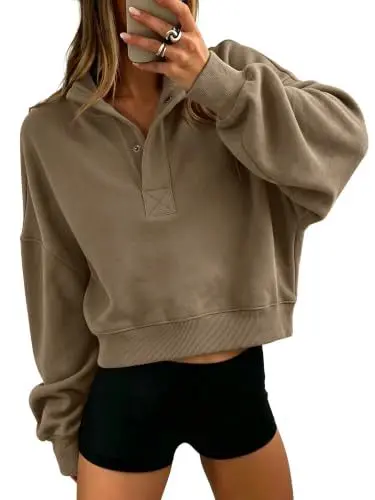 Henley Yaka Uzun Kollu Sweatshirt, Yumuşak ve Rahat Kesim, Sonbahar Kış - 7