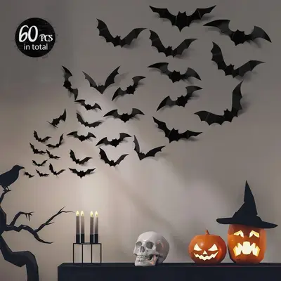 Halloween Decoration Set, 3D Black Spider and Bat Wall Stickers