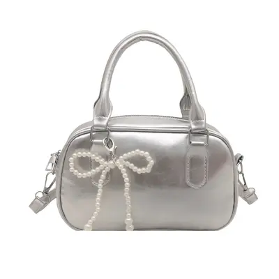 Kleine quadratische Damenhandtasche mit Perlen-Schleife - 8