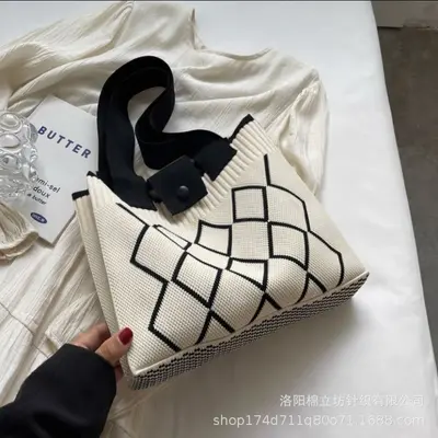 Women's handwoven tote bag, diamond pattern, large capacity, single shoulder strap - 3