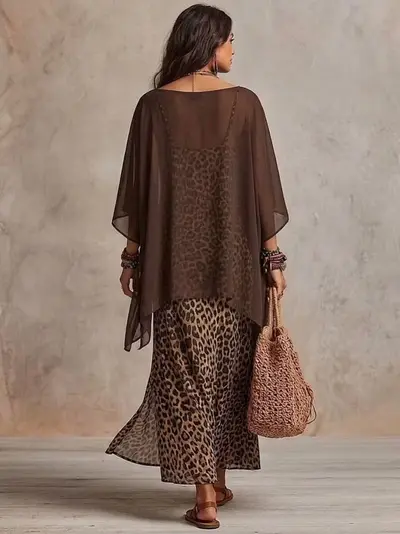 Women's Chiffon Leopard Print Two-Piece Dress Set with Camisole