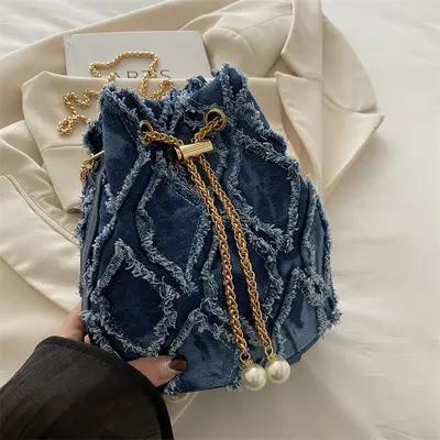 Women's Denim Chain Bucket Bag, Single-Shoulder Crossbody - 4