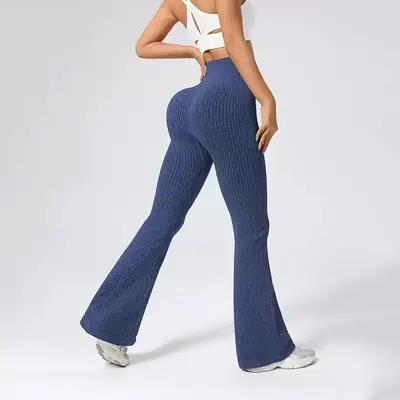 Women's Ribbed Knit Micro Flare Yoga Pants, High Waist, Seamless - 9