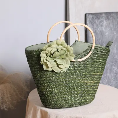 Damen-Handtasche aus Strohgeflecht mit Holzgriff, Landhausstil - 3