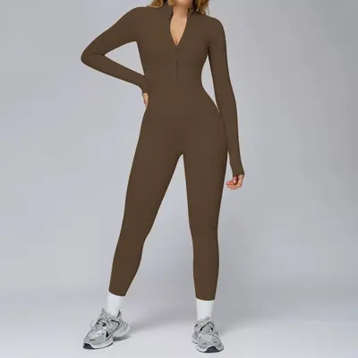 Kadın Polar Astarlı Fermuarlı Tulum Yoga Kıyafeti, Uzun Kollu Sıcak Tutan Spor Tulumu - 3